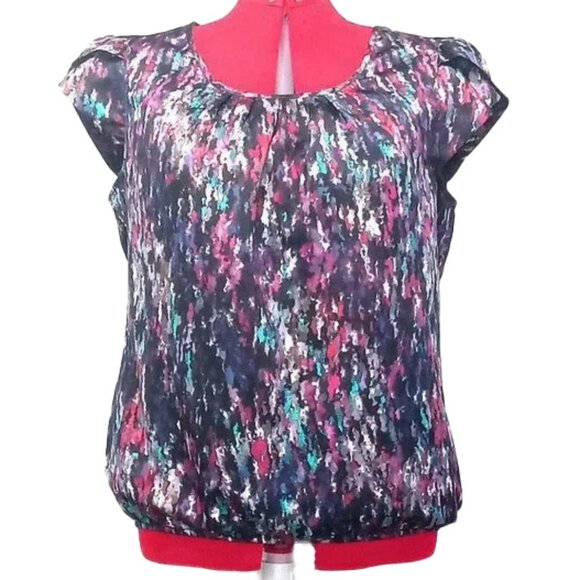 Colourful Satiny Blouse With Short Tulip Sleeves US L - Picture 1 of 4